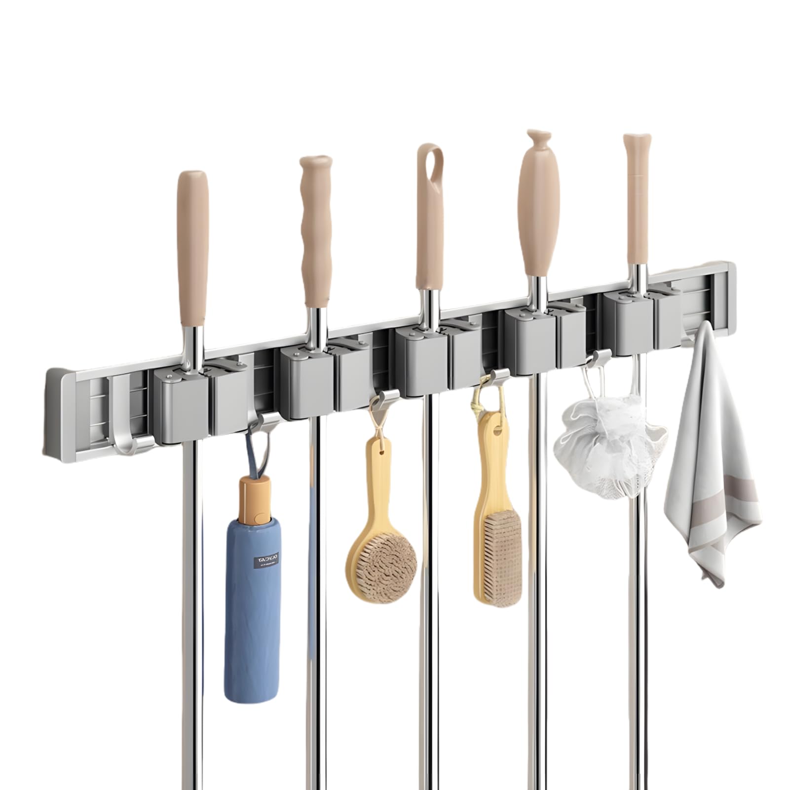HASTHIP® Aluminum Wall Mop Holder, No Drill Push-in Mop Holder Organizer with 6 Hooks, Space Saving Cleaning Tool Organizer for Bathroom Garage HASTHIP® Aluminum Wall Mop Holder, No Drill Push-in Mop Holder Organizer with 6 Hooks, Space Saving Cleaning Tool Organizer for Bathroom Garage